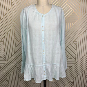 Wrap London Button Front Peplum Linen Top Blouse in Mint Blue Size US 8